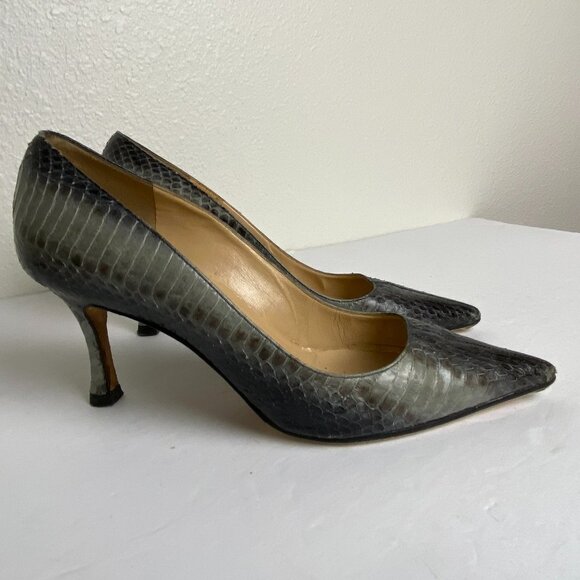 Manolo Blahnik Shoes - Manolo Blahnik Python Snake Print Heels Pumps Gray Black Sz EU 37.5